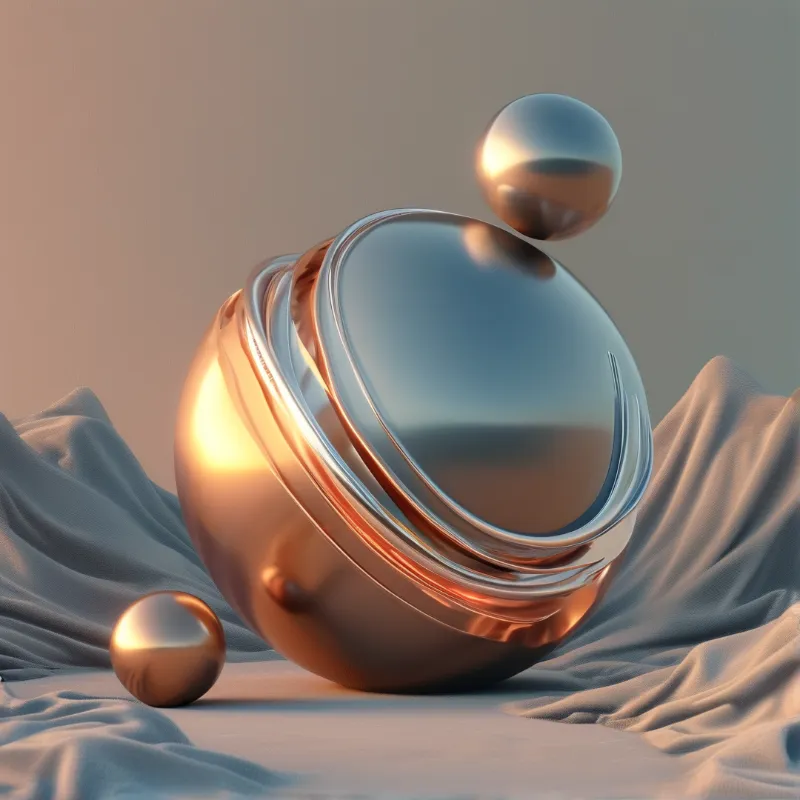 A large reflective metallic object and smaller balls sit on blue draped cloth under warm lighting.
