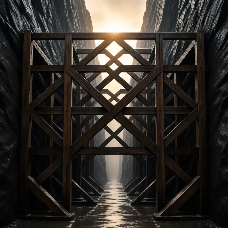 Wooden lattice gates line a steep rocky gorge with a bright sun shining through receding frames above a wet reflective path