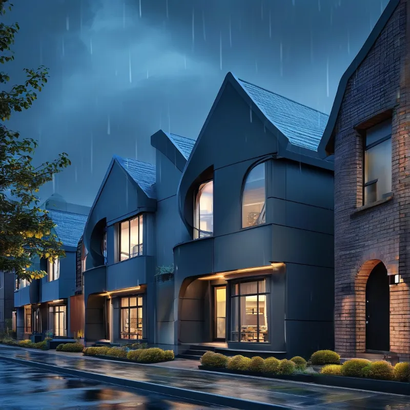 Dark blue houses with steep roofs stand on a wet street while warm light shines from windows during a rainy night.