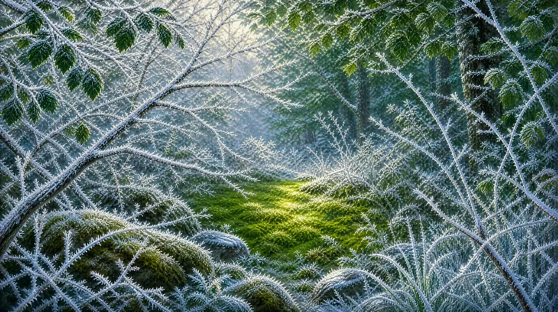Frost-covered tree branches frame a sunlit clearing with green moss and rocks, set in a misty forest