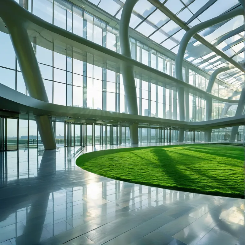 Curved white columns rise through a sunlit atrium where a patch of green grass softens the polished floor.