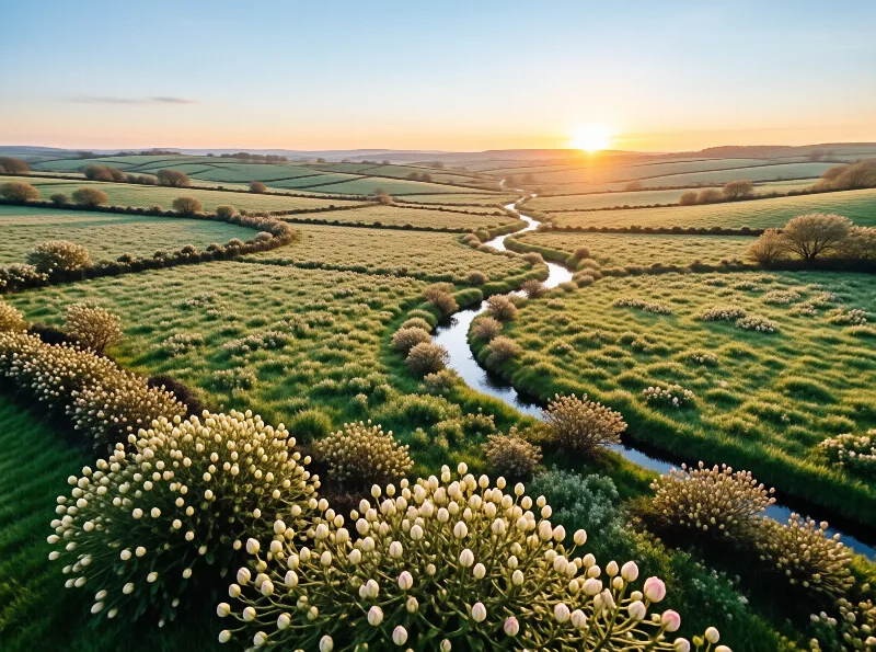 A winding stream cuts through rolling green fields surrounded by hedges and white flowers under a warm golden sunset sky.