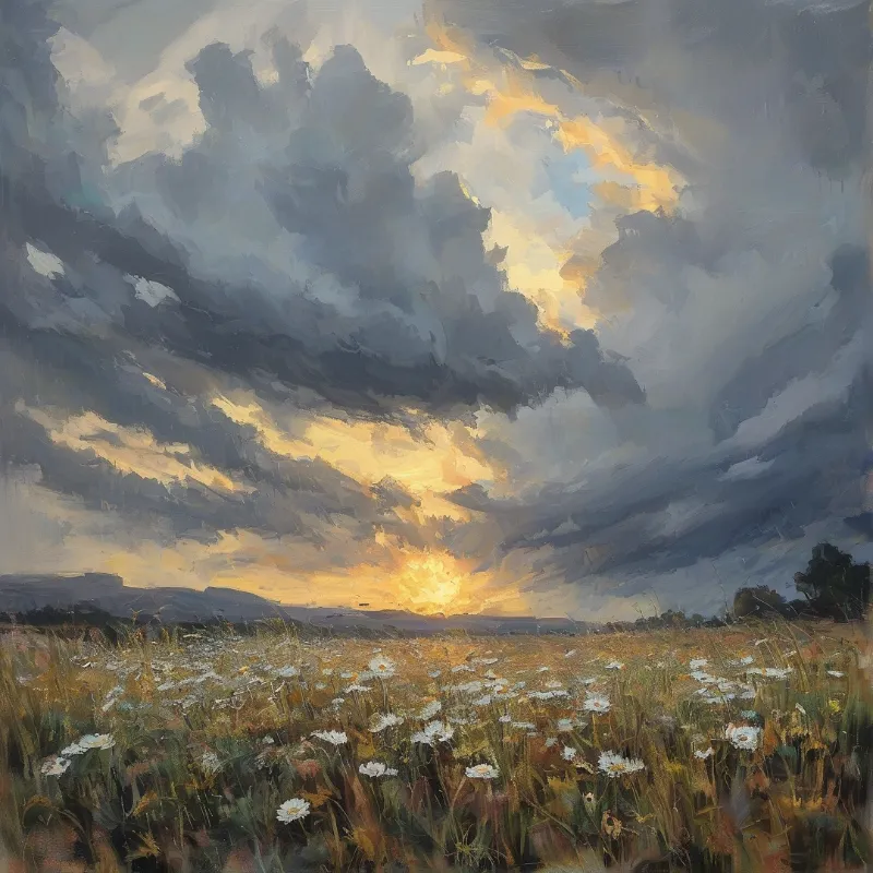 A painterly view of white wildflowers in a field beneath dramatic dark clouds breaking to reveal golden sunlight.