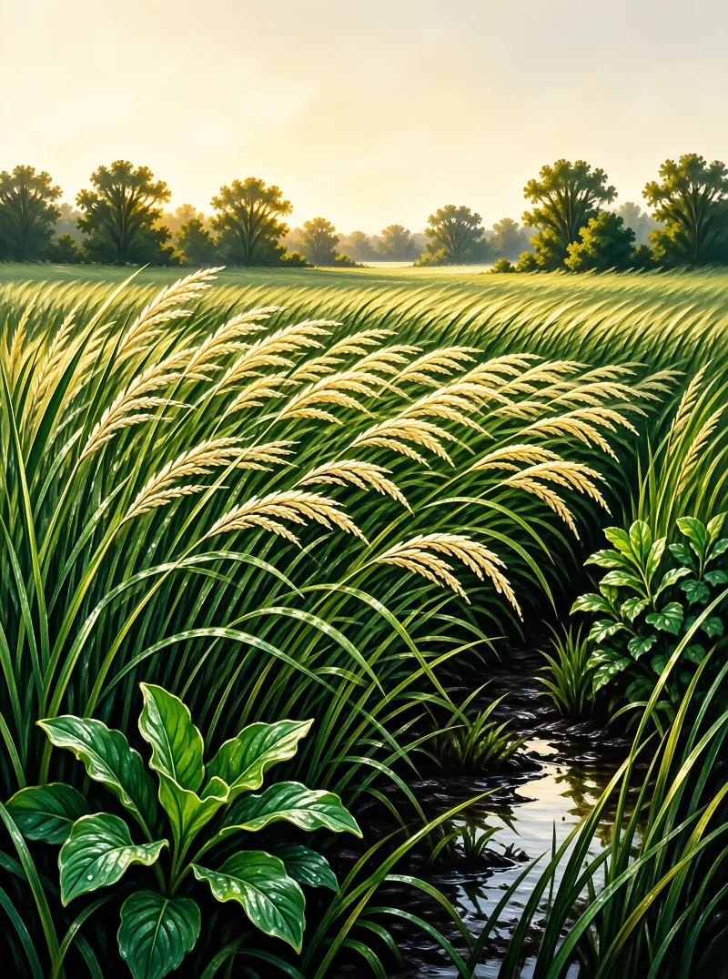 Lush rice paddies stretch toward a tree line while a narrow water channel winds through the foreground under warm sunlight.