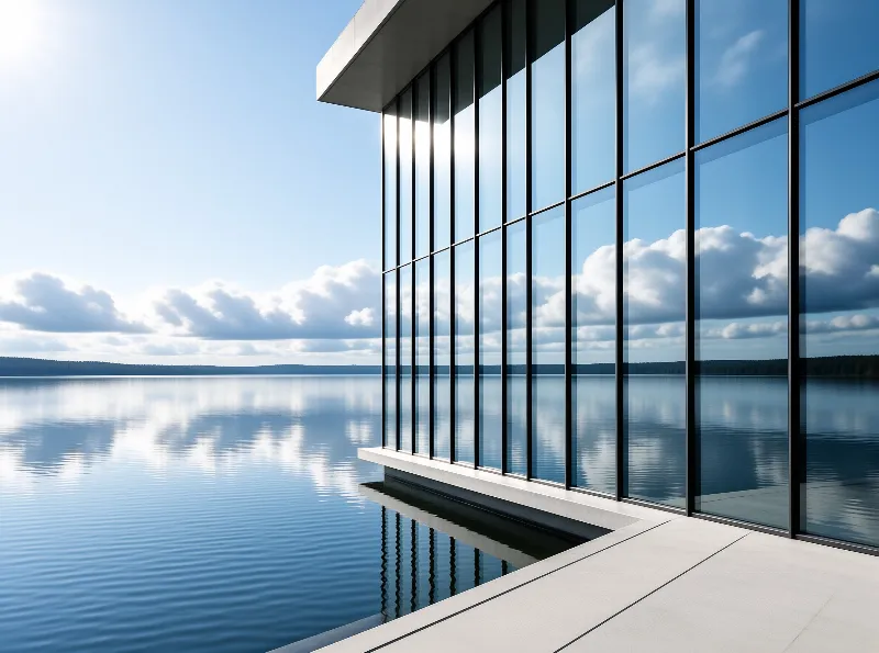 Modern architecture featuring large glass panels overlooks a tranquil lake surface mirroring the clouds.