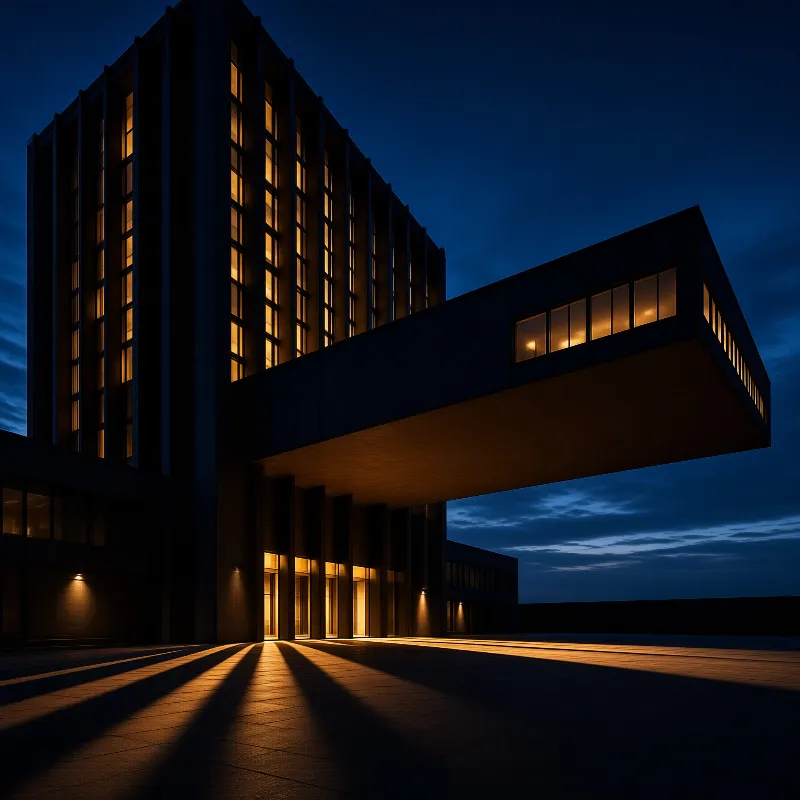 A modernist concrete building with a cantilevered wing glows warmly against a deep blue evening sky.