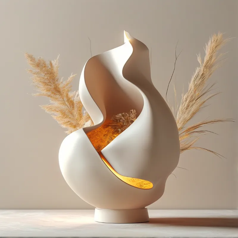 White curving lamp vase with golden inner glow on pale shelf, dried pampas grass either side, neutral grey wall behind