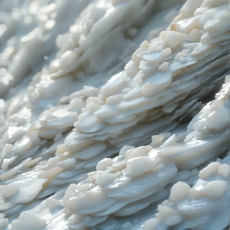 A close view of layered white salt formations with a blurry background and bright highlights on the edges.