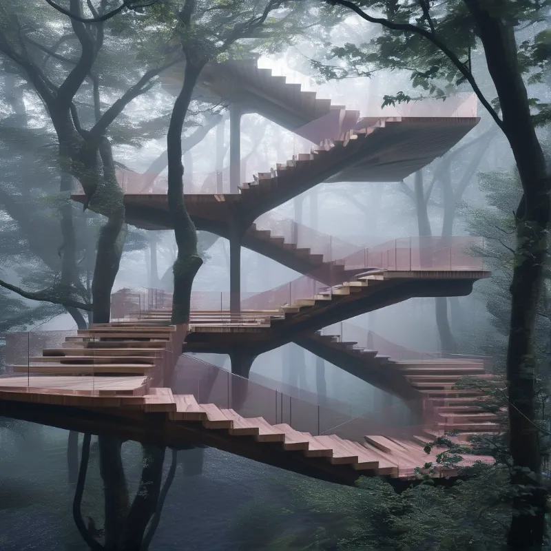 Wooden Stairs in Misty Forest