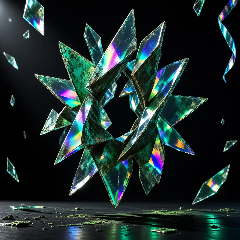 Faceted shards of rainbow glass hover in a broken circle above a dark reflective floor.