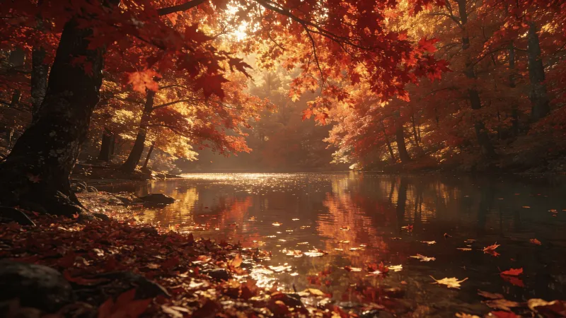 Red Maple Canopy Over a Calm Lake