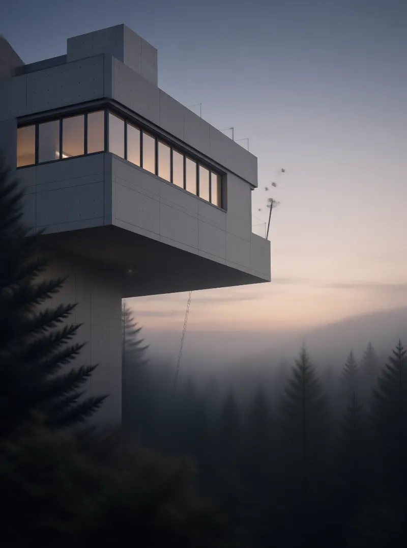 Cantilever House Above Misty Forest
