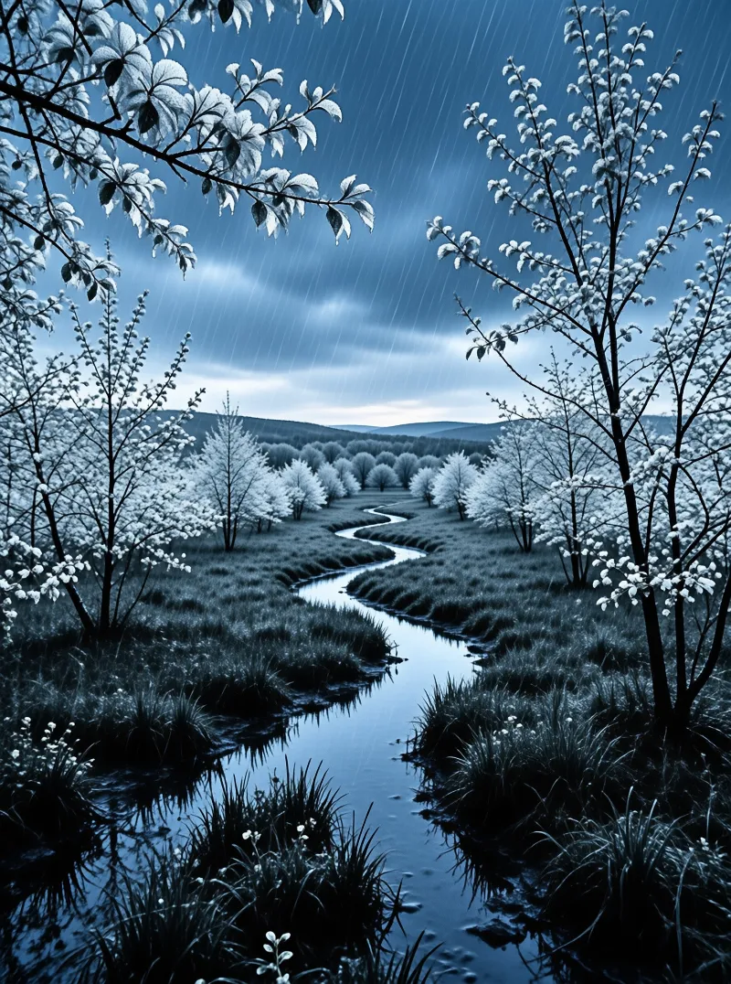 A pale blue landscape shows snow heavy orchard trees flanking a narrow stream that curves toward distant low hills.