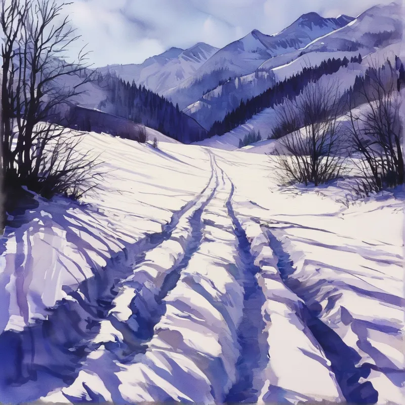 A winding trail cuts through a cold snowy valley surrounded by evergreen forests and distant peaks under a pale blue sky.