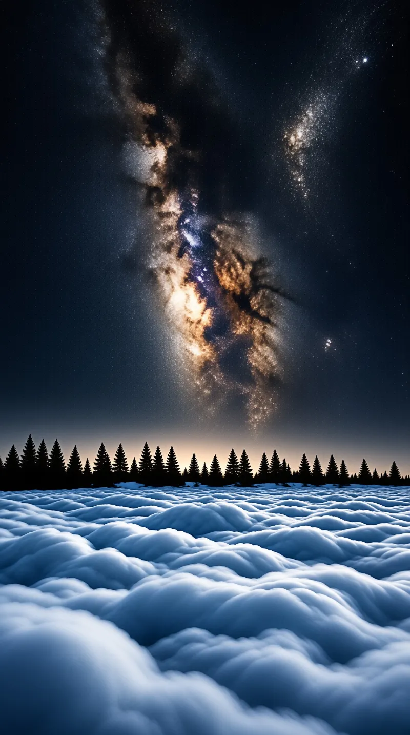 Coniferous trees silhouette against a horizon as the Milky Way arches across a deep blue sky above undulating snow.