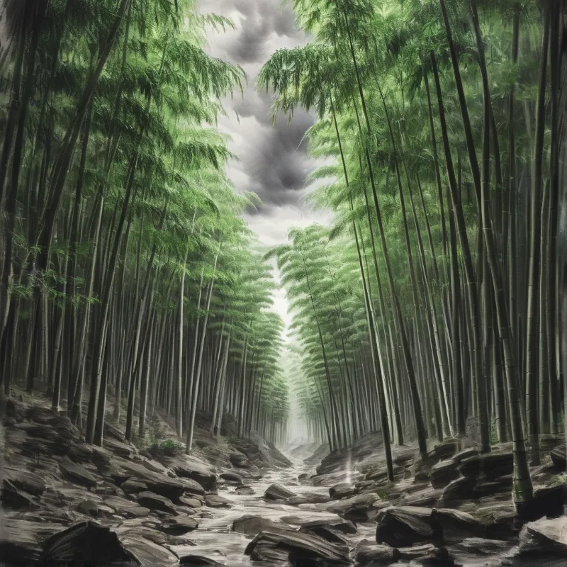 Tall bamboo trees border a rocky stream flowing through a misty forest under heavy clouds.