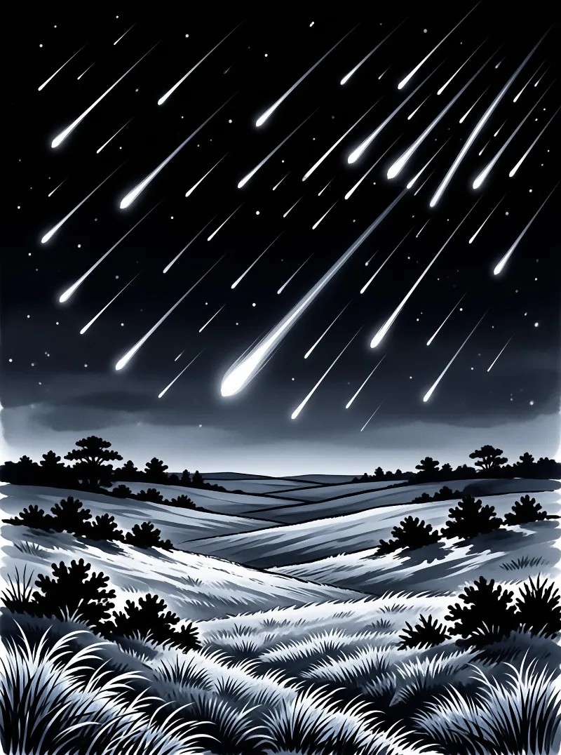 Numerous bright meteors streak across a deep blue night sky above a landscape of rolling hills and dark bushes.