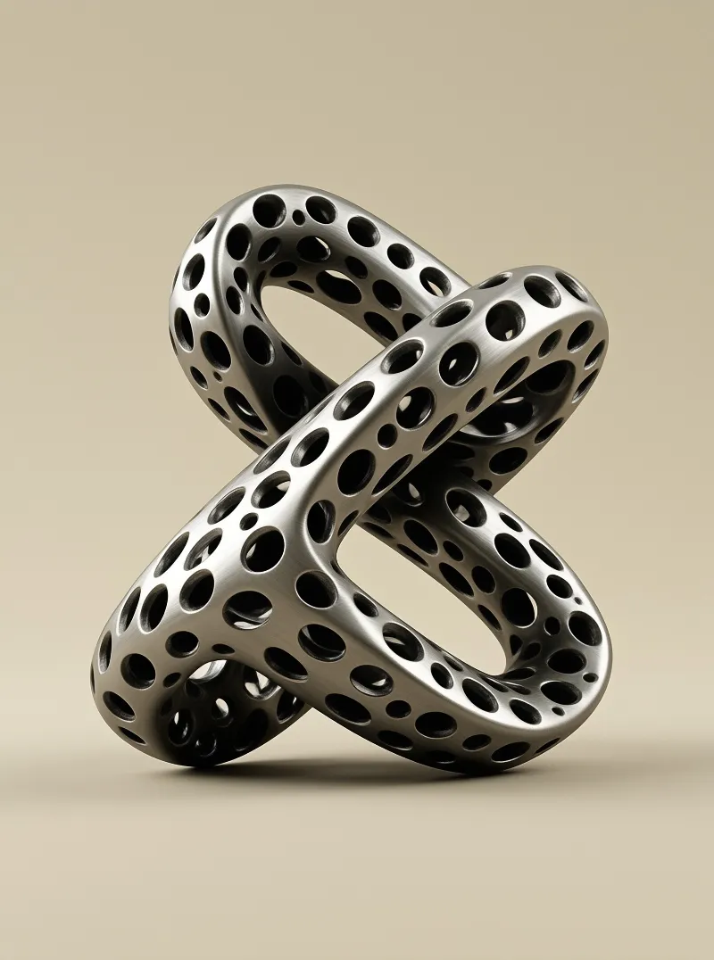A polished metal sculpture featuring interlocking loops and holes rests against a solid beige background.