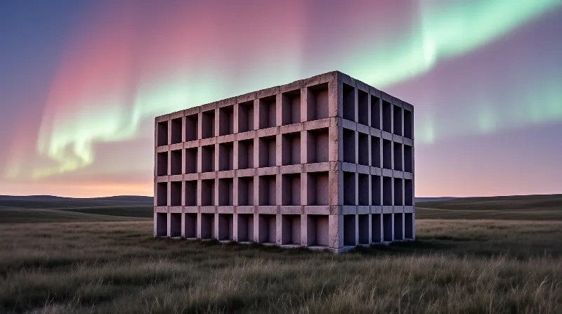 Brutalist Cube Under Aurora