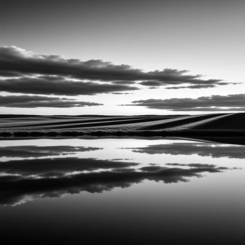 Black and white landscape with rolling hills under horizontal clouds mirrored in a calm foreground pond.