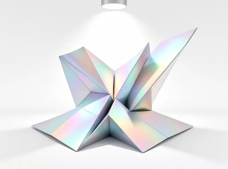 Angular pastel sheen planes stand on a white studio floor, lit from above so every facet shifts between pink and mint.