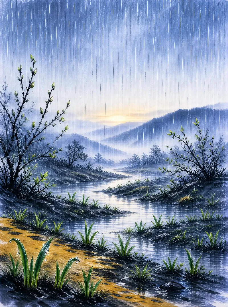 A river valley during spring rain at dawn, with misty mountains in the background, green plants along the banks, and rain falling from a blue sky