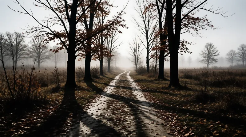 A wet country lane curves through a line of trees while low fog reduces visibility along the path.