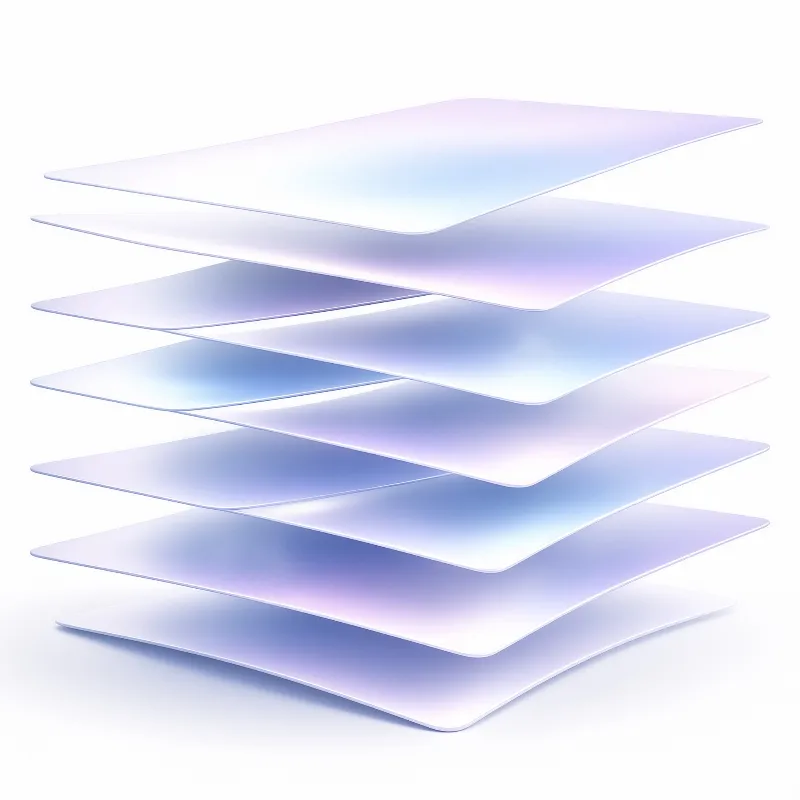 A floating pyramid of translucent glass panels with pastel blue and purple gradients against a plain white background.