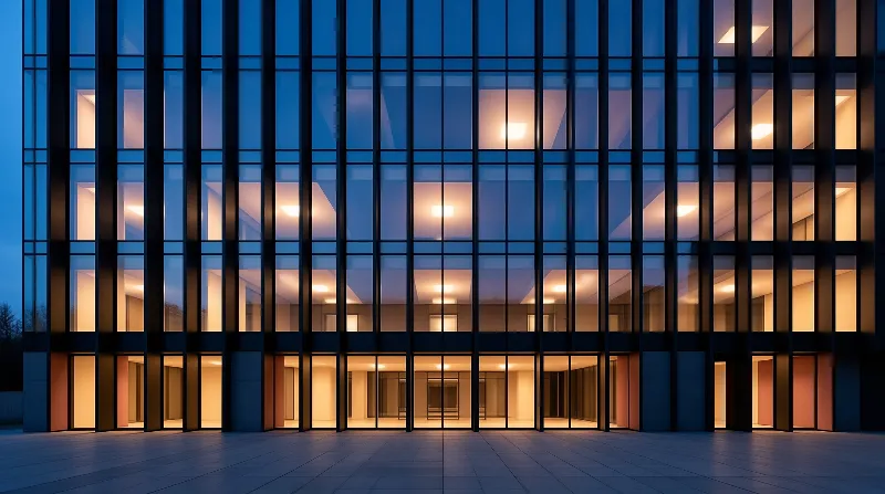 Dark vertical columns frame glass panels glowing with warm light against a deep blue evening sky.