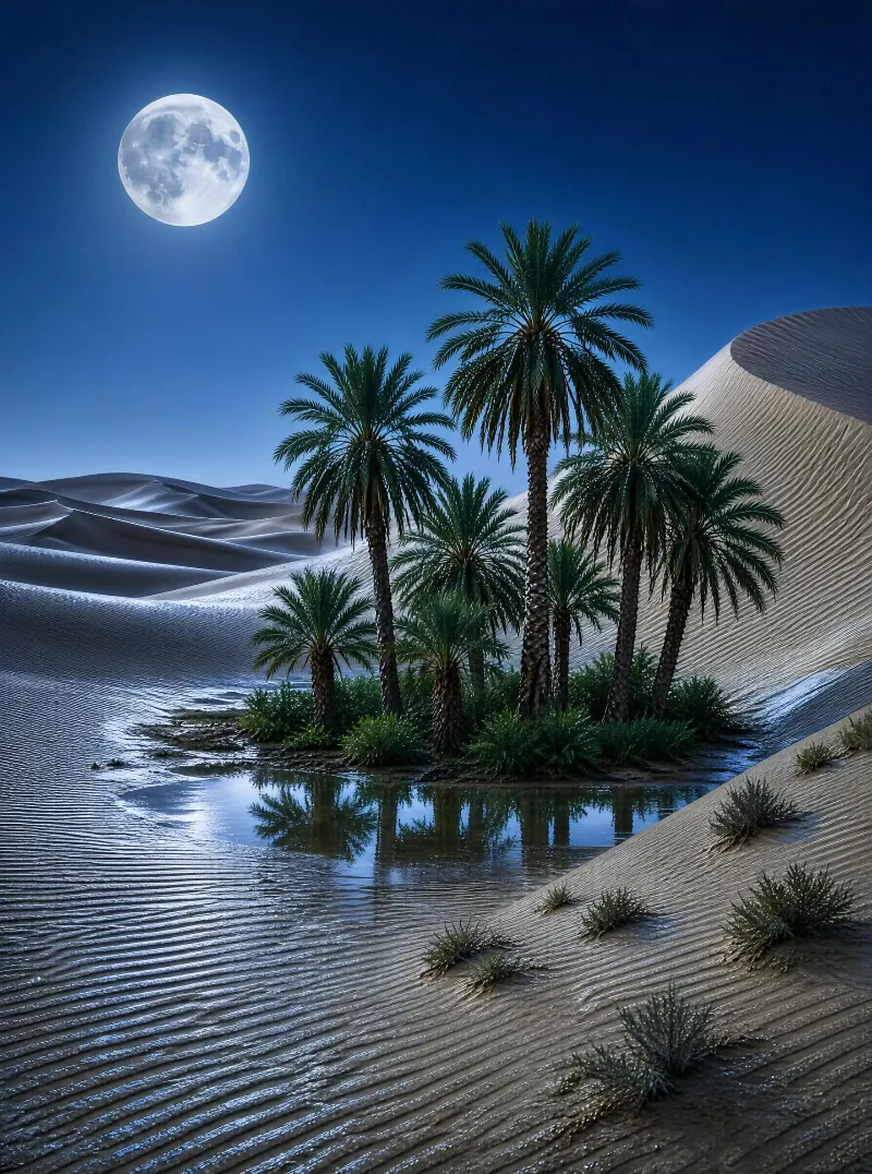 A desert oasis with palm trees beside a reflective water pool under a full moon in the night sky