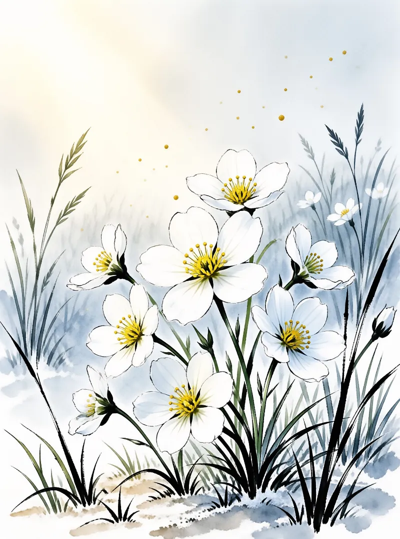 Delicate five petaled flowers open above slender leaves while loose ink grasses drift through a washed pale sky.