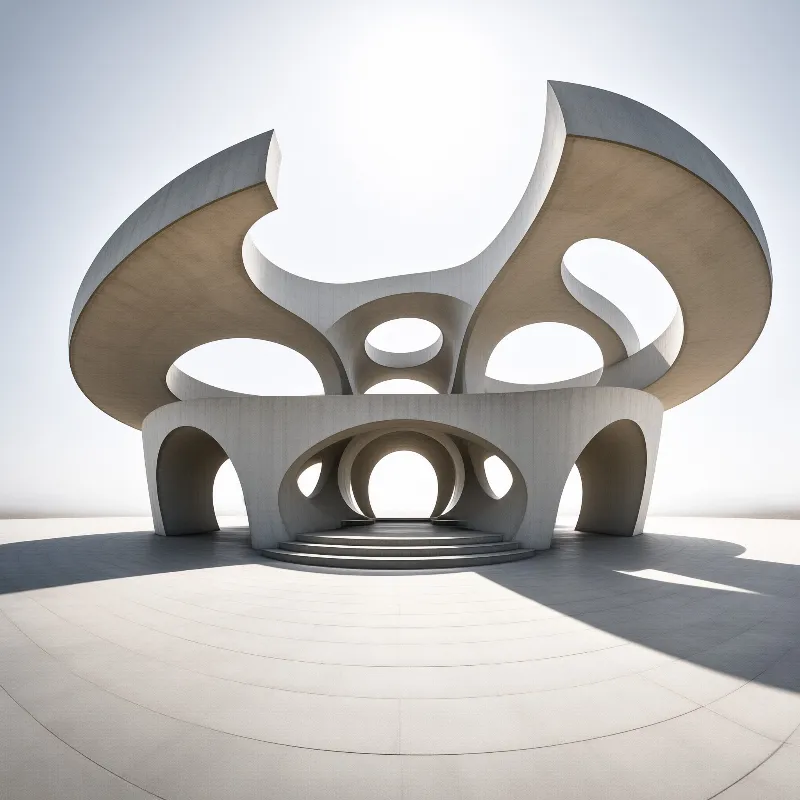 A large white concrete structure featuring organic curves and circular cutouts stands on a bright paved surface.
