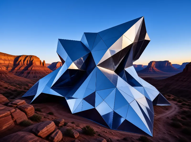A large geometric metal structure stands in a red rock desert during the blue hour of twilight.