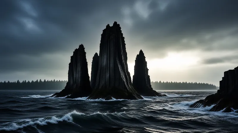 Dark rocky pillars emerge from rough ocean waves beneath a cloudy sky with a bright break on the right horizon.