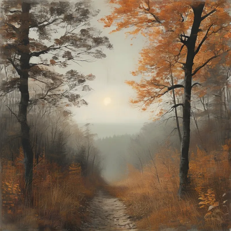 A dirt track winds through a forest of tall trees with orange leaves while fog obscures the distant path under a pale sun.