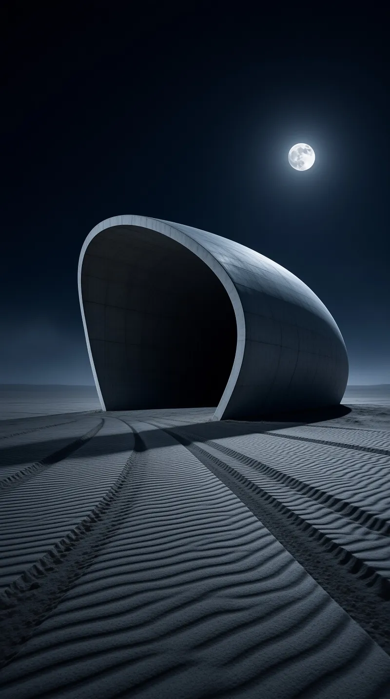 A curved concrete portal stands on wind-rippled desert sand beneath a bright full moon in a deep blue night sky.