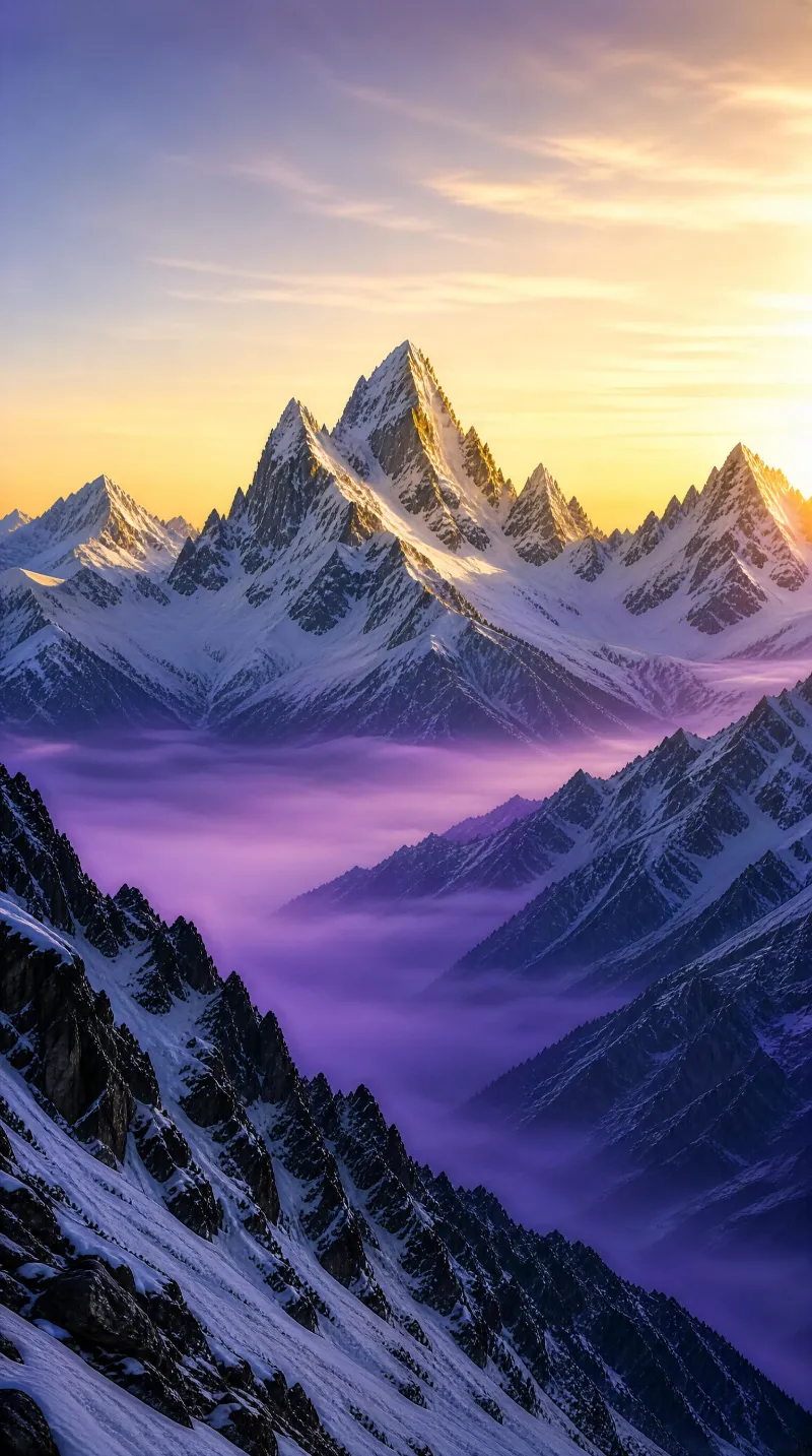 Snowy Mountain Peaks with Purple Mist