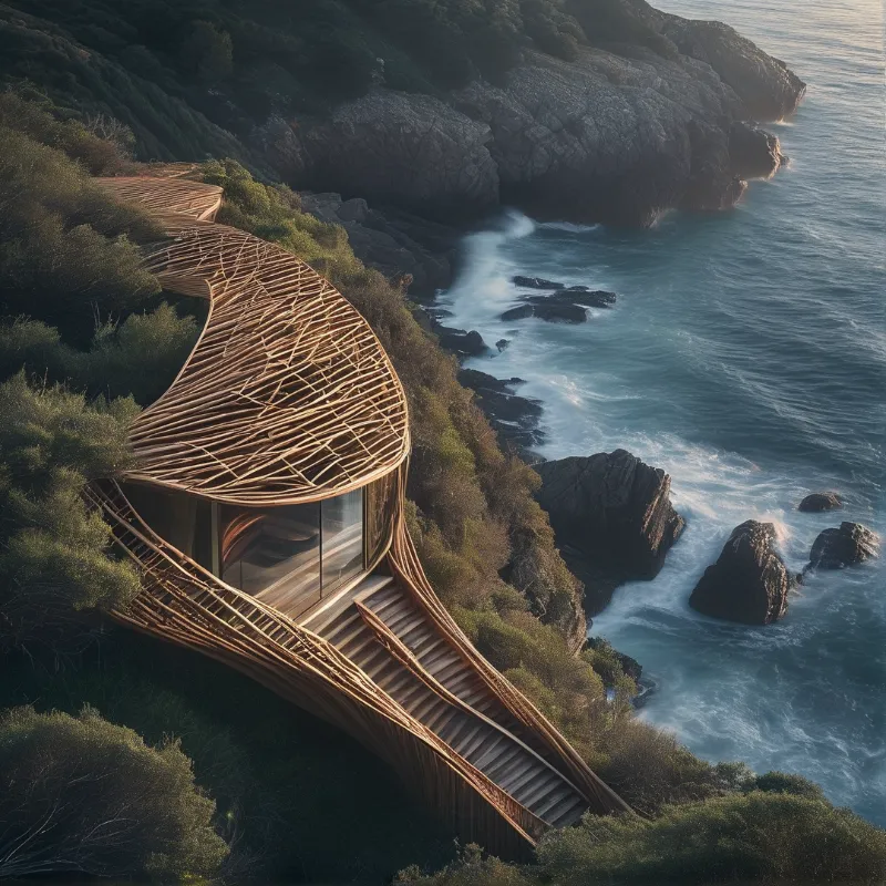 An aerial view reveals a sweeping lattice of wooden beams nestled between green cliffs and a rocky shore.