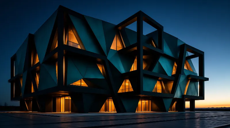 A geometric structure with sharp edges glows from within during the blue hour twilight.
