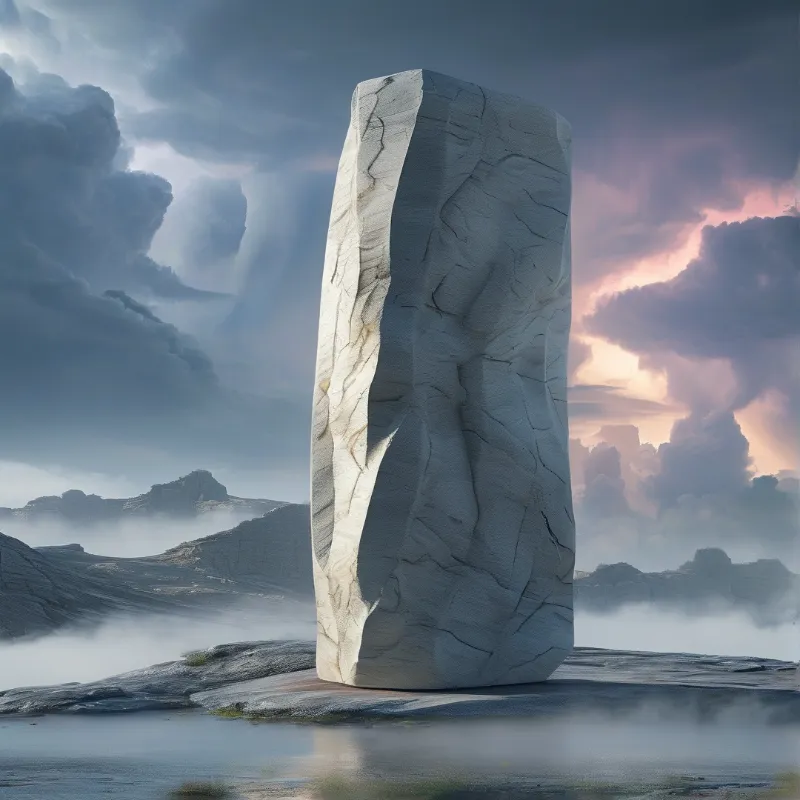 A tall rough white stone monolith stands on a low rock shelf above a mist covered valley under a dramatic cloud filled sunset sky.
