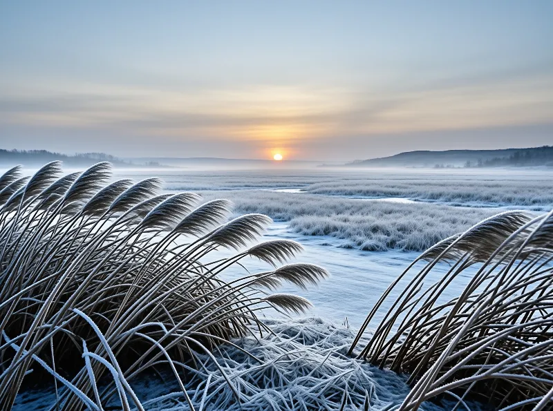 Icy plumes of marsh grass arch across the foreground while the winter sun climbs over a frozen misty wetland