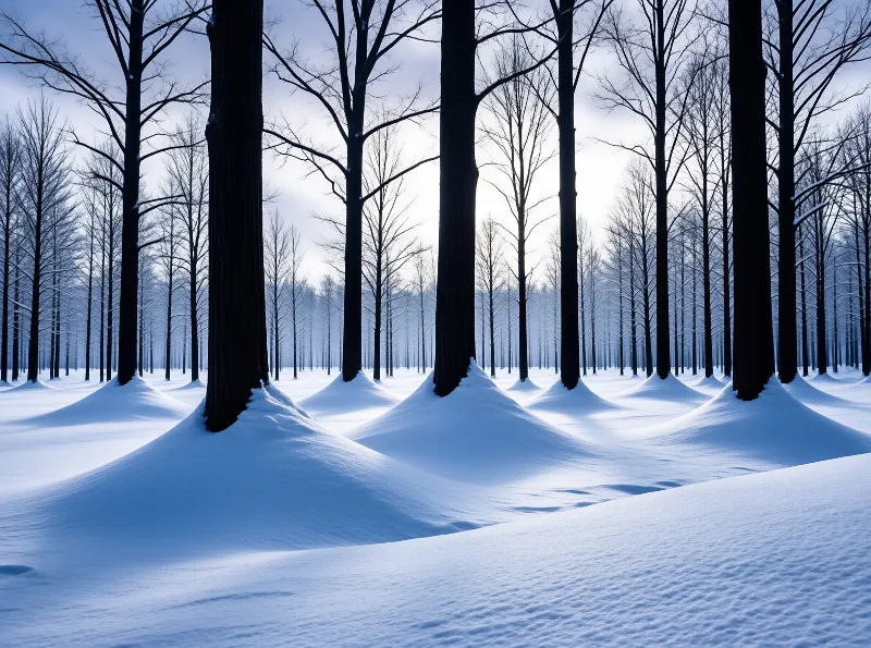 Rows of dark bare trees rise from snowy mounds in a forest illuminated by cool blue twilight light.