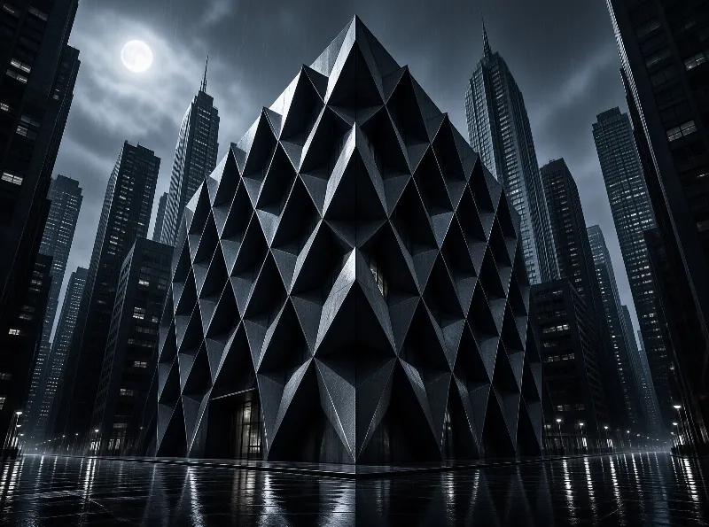 A massive geometric structure with a diamond pattern stands amidst skyscrapers under a full moon and falling rain.