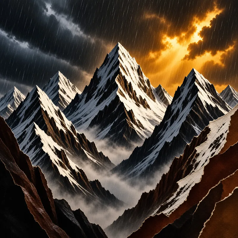 Snow-capped peaks rise against a stormy sky where dark clouds meet warm orange sunlight and falling rain.