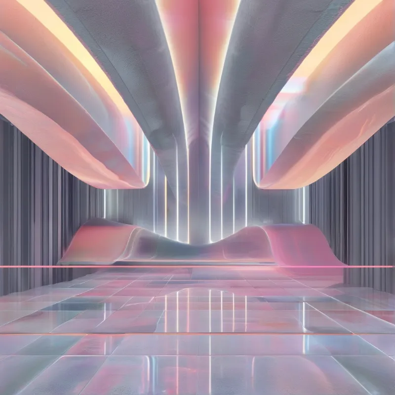 A futuristic space features curved ceiling structures and a glossy floor reflecting pink and purple neon lights.