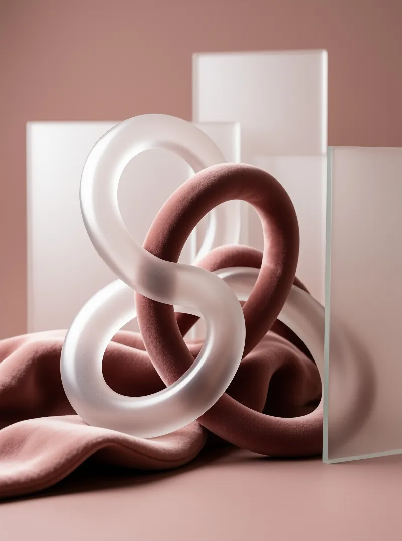 Two intertwined torus shapes in matte white and dusty rose velvet sit among translucent glass panels and soft draped fabric
