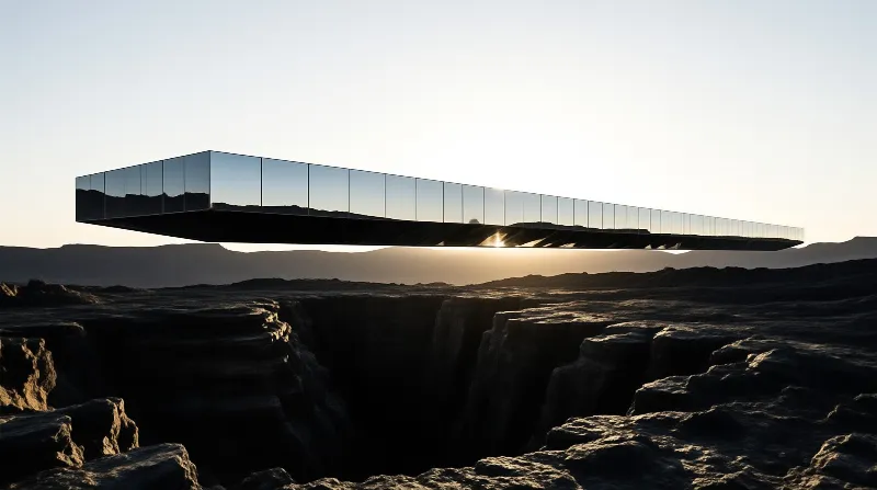 A long mirrored glass structure hovers above a rugged desert chasm, with warm dawn light glowing at the horizon behind it.
