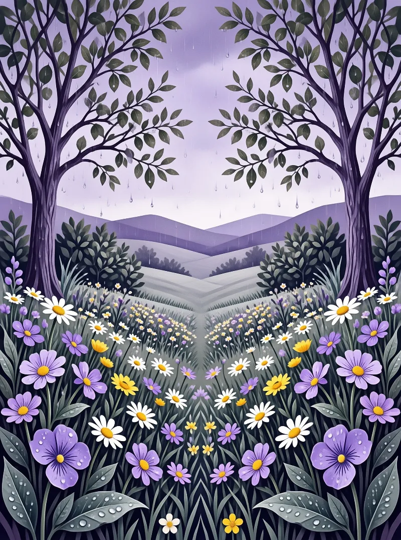 Illustrated garden scene with mirrored trees, daisies and violet blossoms, fine rain over lavender hills.