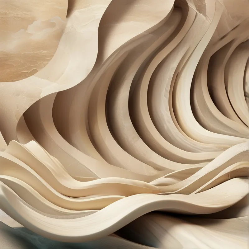 Smooth beige stone layers curve across the frame creating a sense of rhythmic movement under gentle illumination.