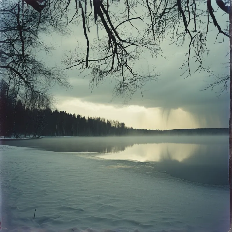 Bare branches frame a misty frozen lake reflecting the sky as sunbeams pierce through clouds above the forest.